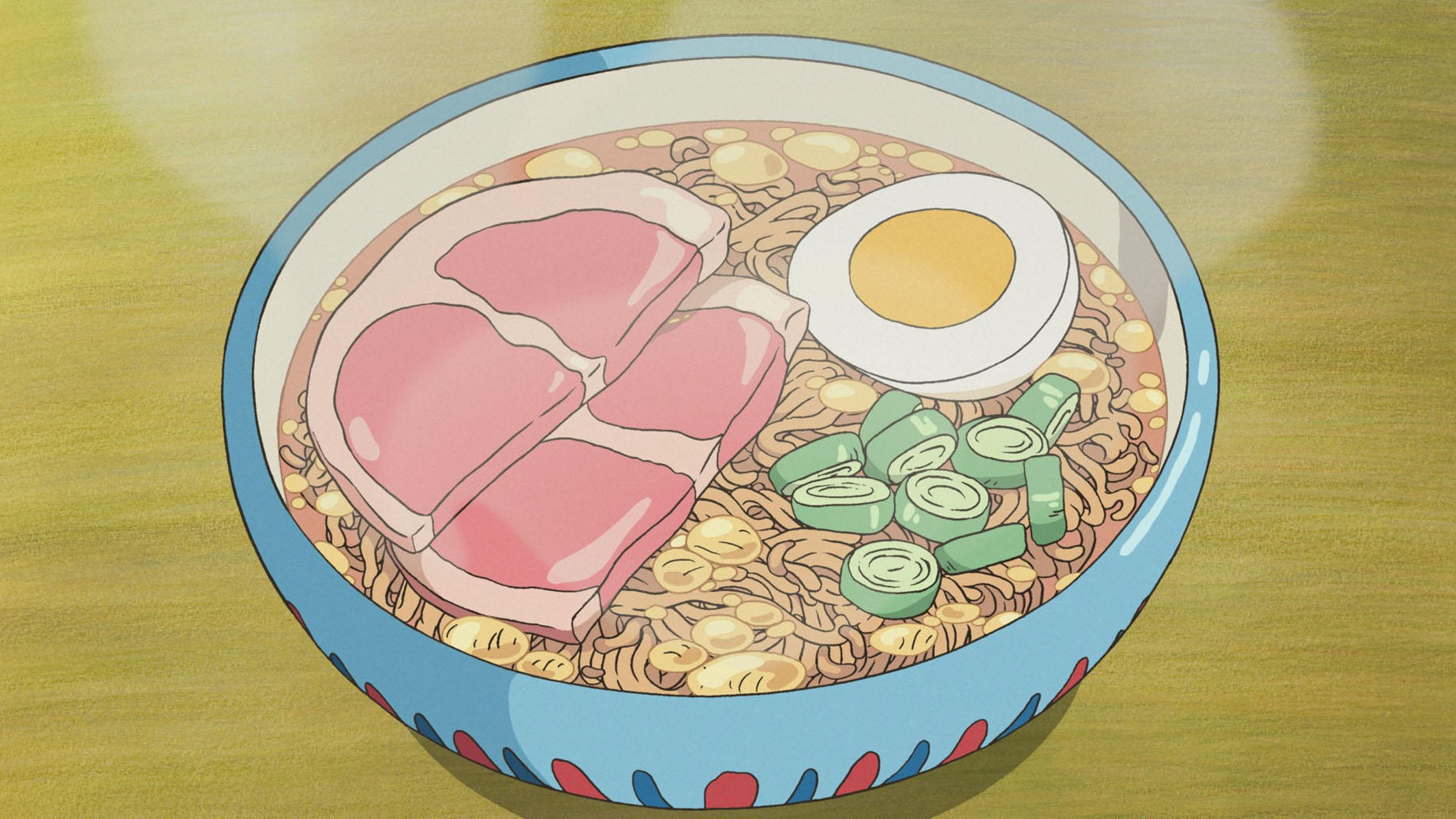 A bowl of instant ramen topped with ham, a boiled egg and green onions, from Studio Ghibli's Ponyo.